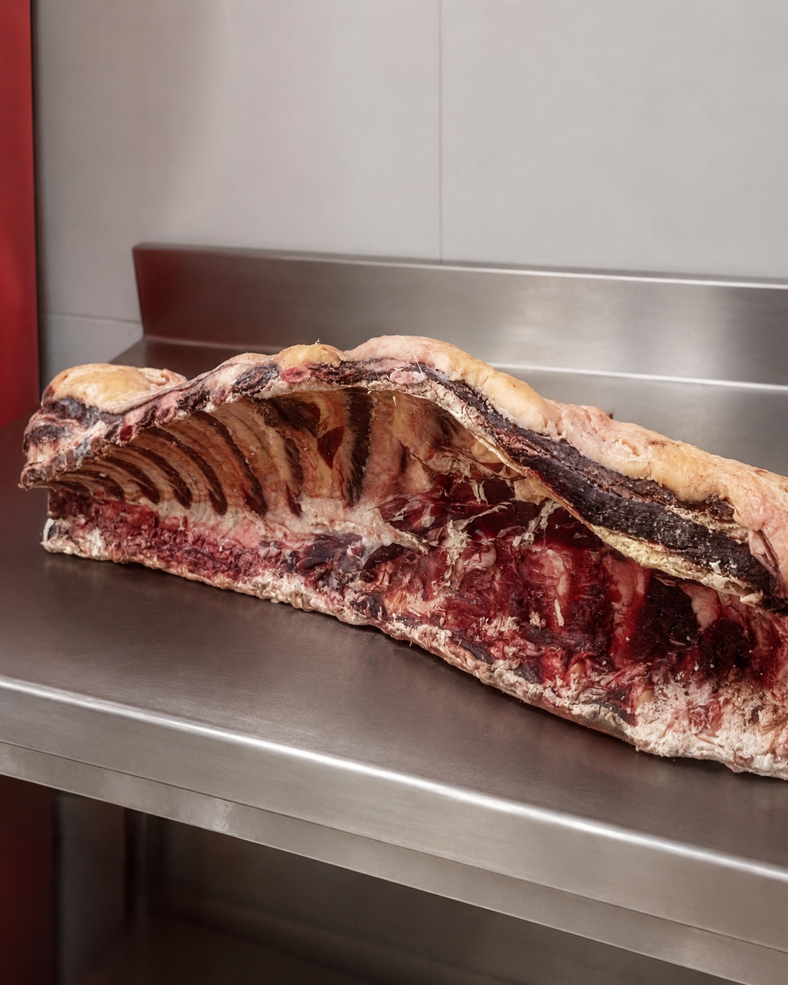 Chuletero entero de vaca vieja madurada listo para porcionar en el Asador Etxea