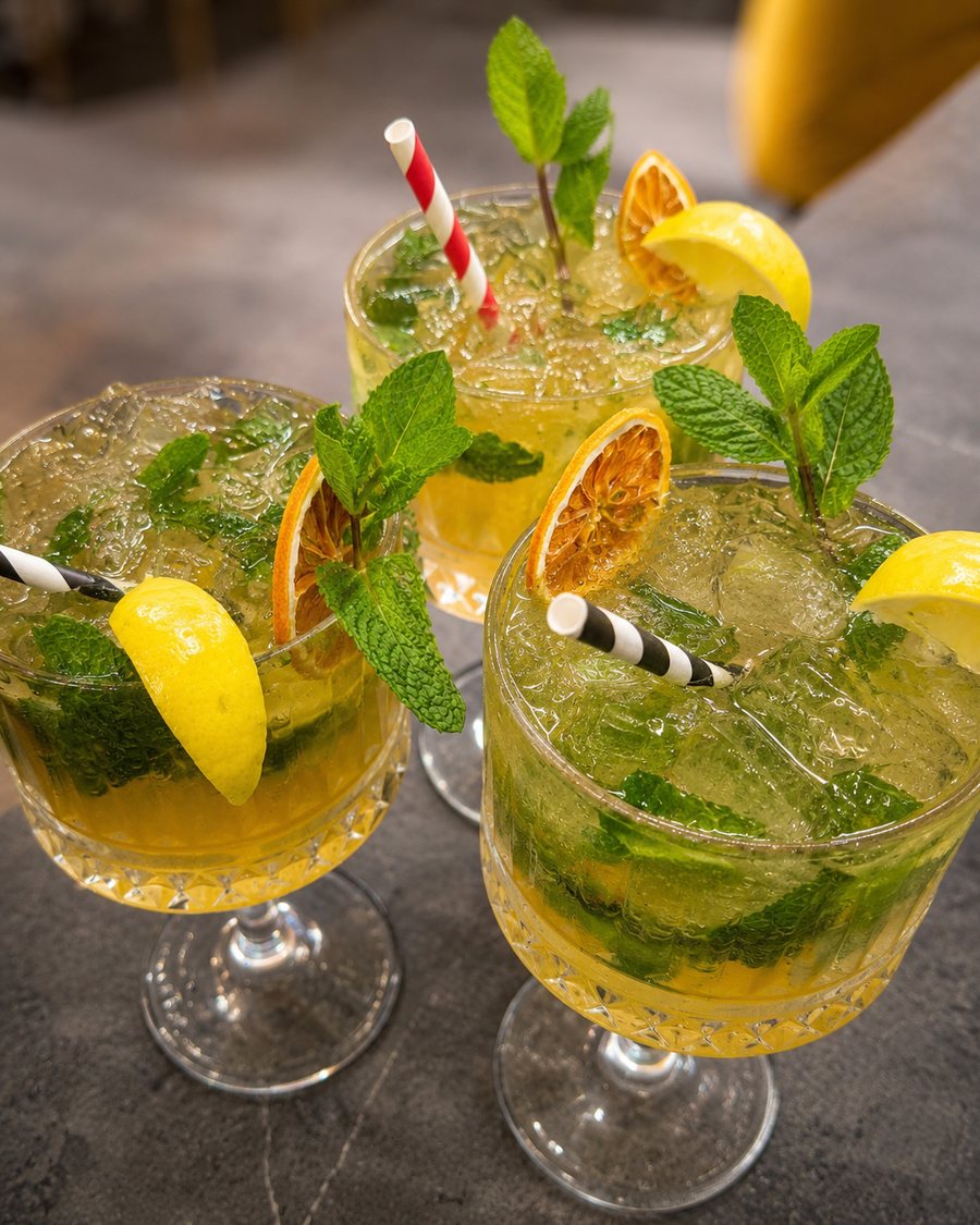 Cócteles con menta y limón servidos en el Asador Etxea