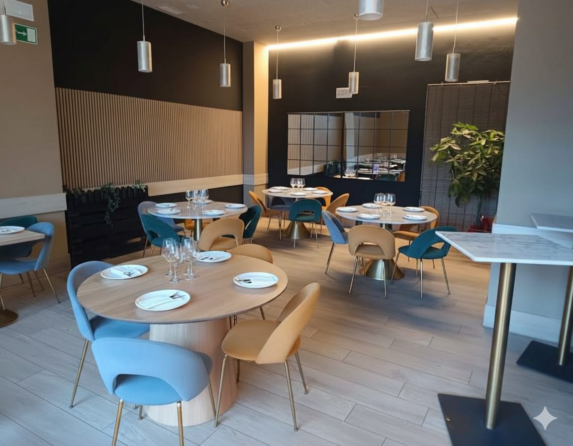 Comedor del Asador Etxea: mesas redondas, sillas de diseño y luz cálida